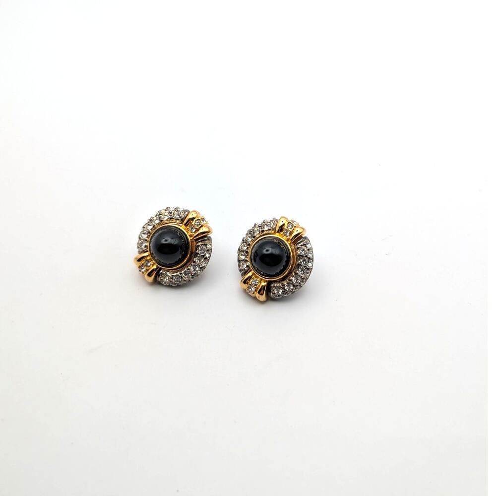 Jesara Vintage Gold Black Glass Cabochon Statement Clip On Earrings